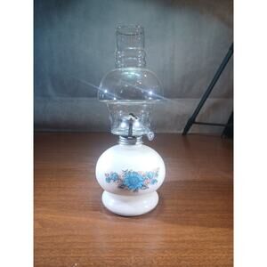 Vintage Lamplight Farms Blue & Pink Floral Oil Lamp Cream White Cased Glass Base